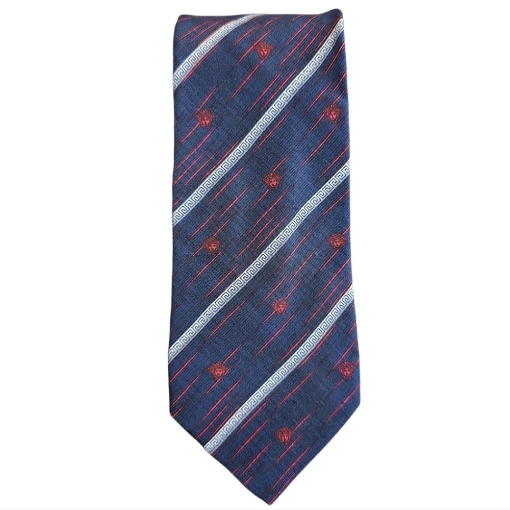 Gianni Versace Vintage Mens Silk Tie Medusa Logo Striped Blue Red